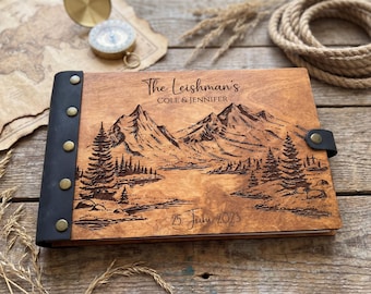 Personalized Wooden Wedding Guest Book: Leather Our Adventure Photo Album Mountain Scrapbook Travel