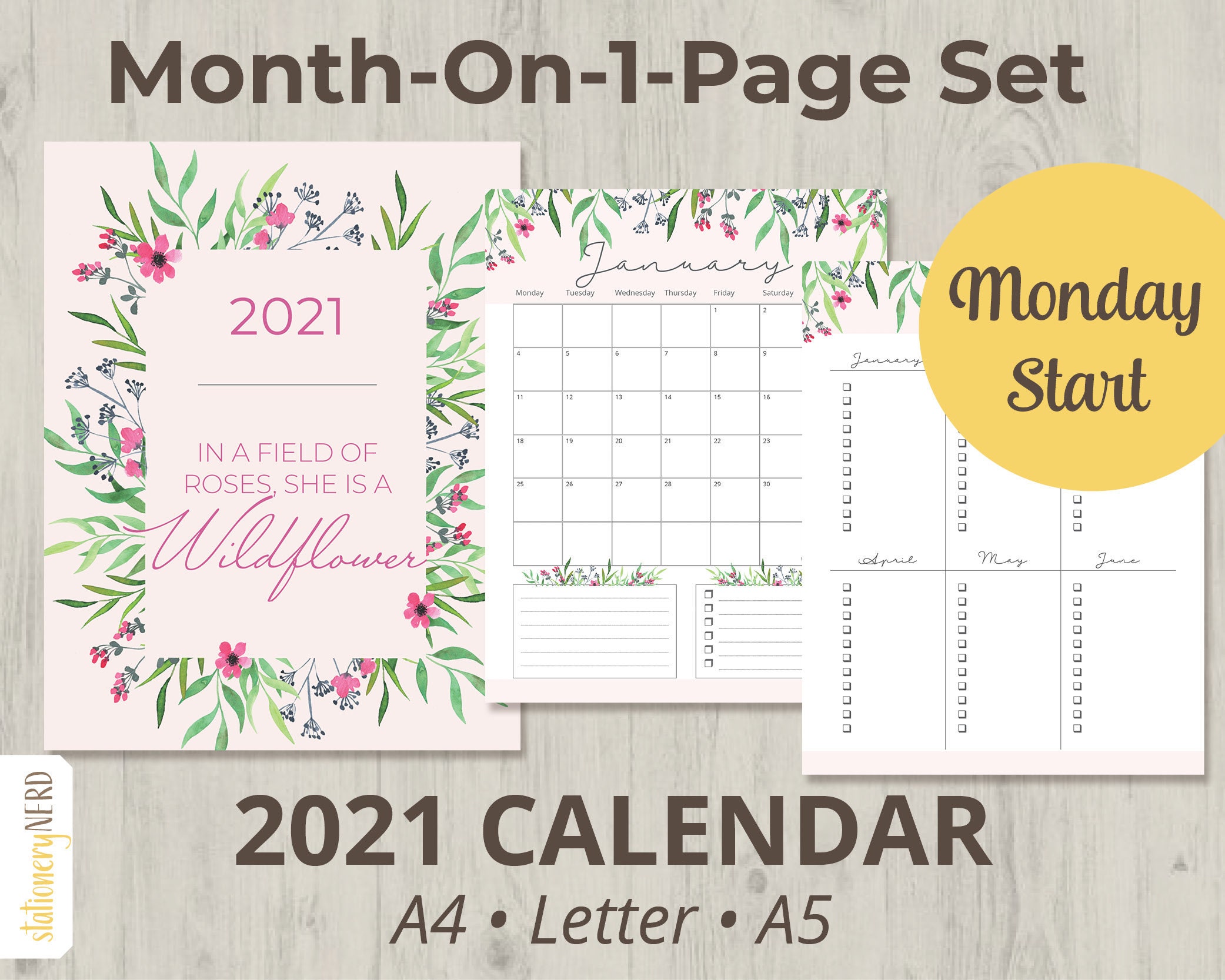 2021 Calendar Wildflowers Monthly MO1P Monday Start 15 | Etsy