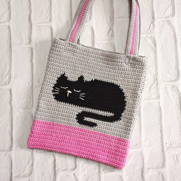 Crochet Bag Pattern / Crochet tote bag pattern / lazy meow crochet pattern / tote bag crochet pattern / intarsia pattern / ENGLISH / PDF