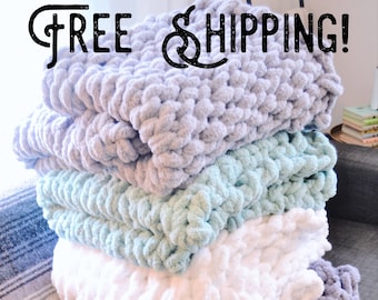 Hand Knit Chunky Chenille Blanket, Soft Gray, Comfy, Weighted