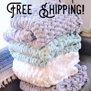 Giant Chunky Knit Blanket, FREE SHIPPING, Hand Knit, Gray, Soft, Comfy