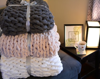 Hand Knit Chunky Chenille Blanket, Soft Vegan-Friendly Throw