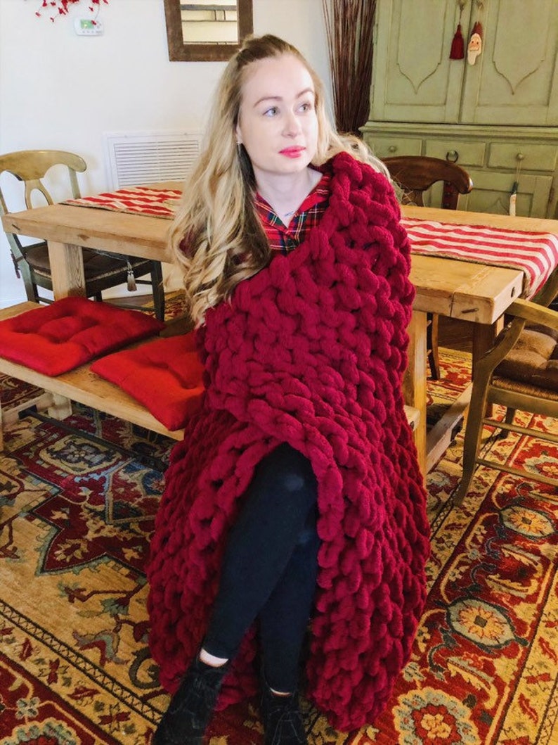 Giant Red Chunky Knit Blanket Hand Knit Soft Comfy Etsy