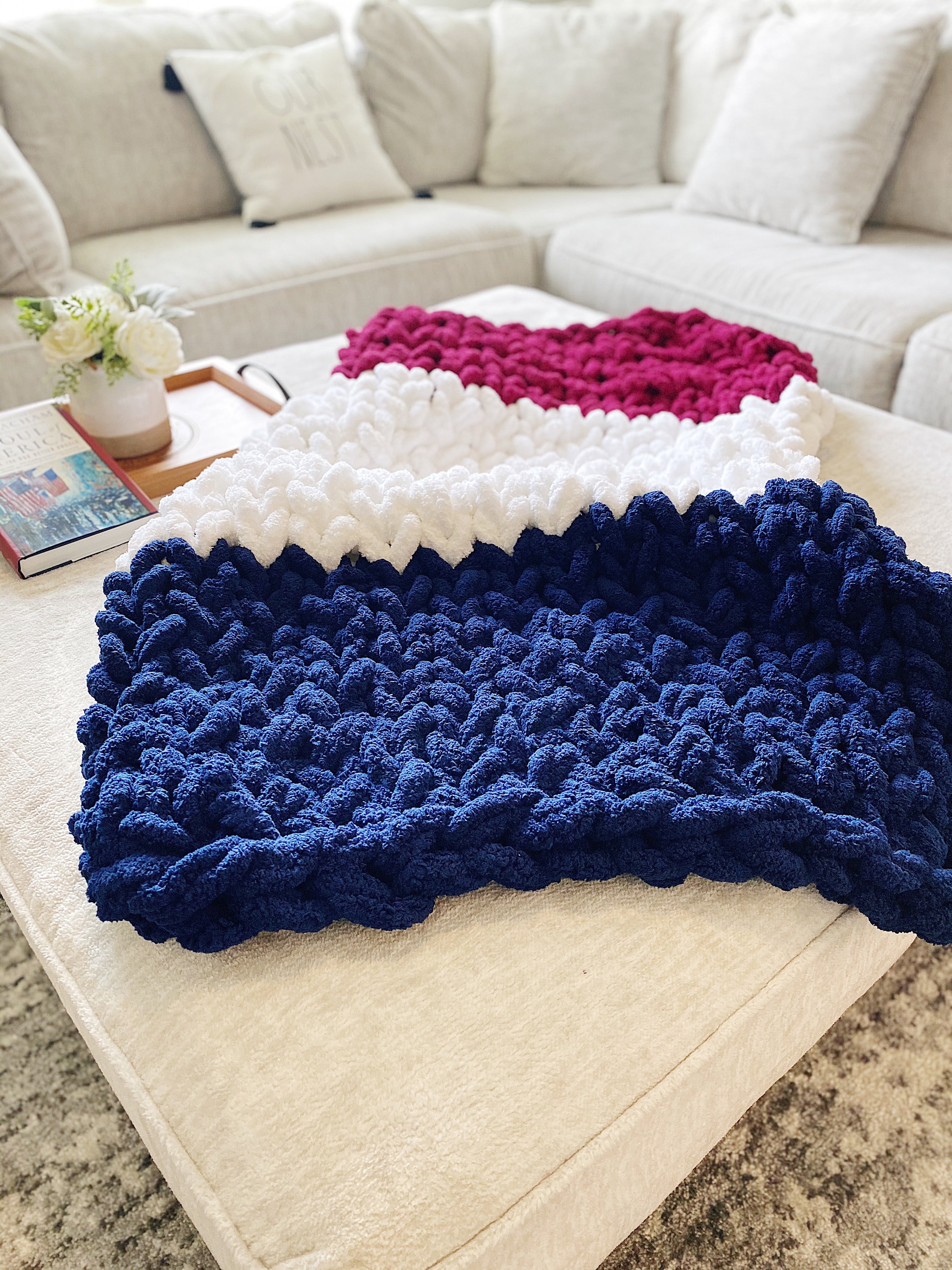 Red White Blue USA Chunky Knit Blanket, Naturally Weighted, Soft