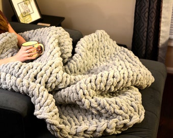 Chunky Knit Blanket, Gray, Made in Nashville, Hand Knit, Custom, Soft, Comfy