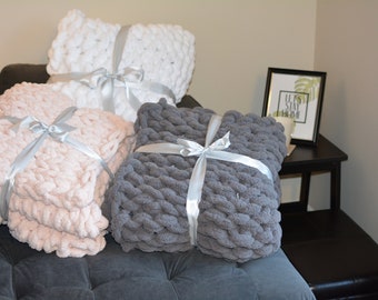 Giant Chunky Knit Blanket, Hand Knit, Gray, Soft, Comfy