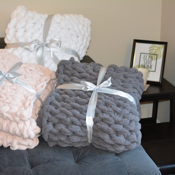 Giant Chunky Knit Blanket, Hand Knit, Gray, Soft, Comfy