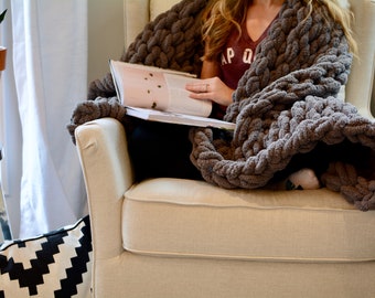 Hand Knit Chunky Chenille Blanket, Soft Vegan Yarn Throw