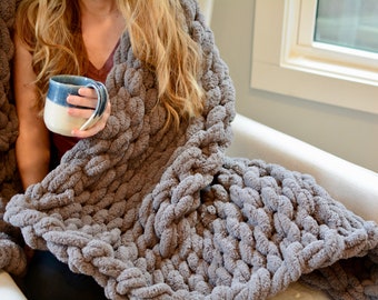 Hand Knit, Chunky Knit Blanket, Dark Gray, Soft, Comfy