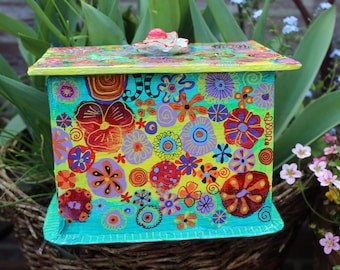 Schatzkiste mit Blume, Aufbewahrungsbox, Schachtel, Handarbeit, Geschenk