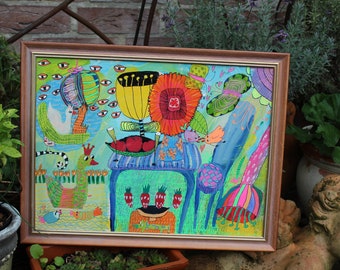 34/44cm  Gartenfrühstück, Acrylbild, Mischtechnik, gerahmt