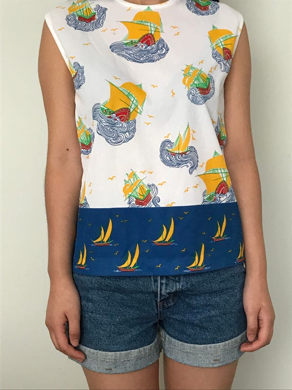 VTG Handmade Sailing Ship Print Sleeveless Top - image 1