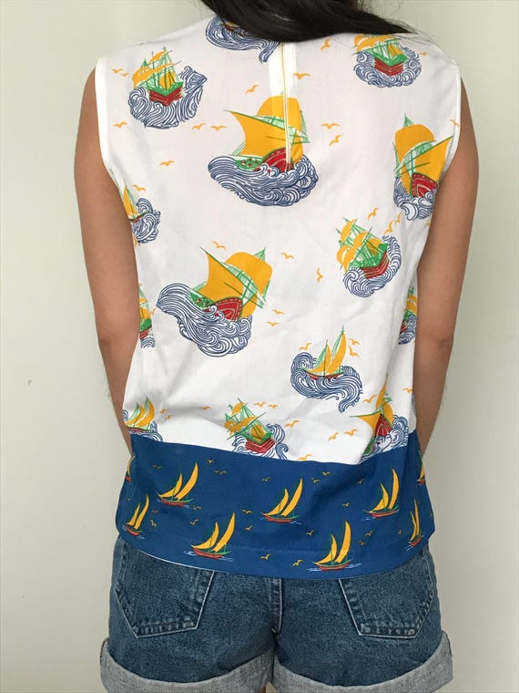 VTG Handmade Sailing Ship Print Sleeveless Top - image 2