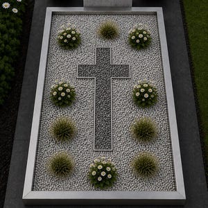 Pode incluir: Uma lápide retangular com uma pedra cinza-clara contendo o texto IN LIEBE UND DANKBARKEIT e um símbolo de coração. O leito do túmulo é preenchido com seixos cinza-claros, uma cruz central cinza-escura e várias pequenas plantas verdes.