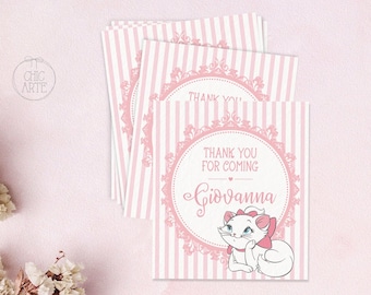 May include: Pink and white striped thank you cards with a cartoon cat illustration. The cards feature the text "Thank You For Coming" and a name in a decorative font. The cards have a pink floral border.