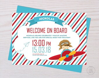 May include: A red and blue striped invitation with a white cloud and the text "Welcome on Board". The invitation is for a birthday party for a boy named Nickolas. The invitation includes the date and time of the party, "13:00 PM 15.03.18".