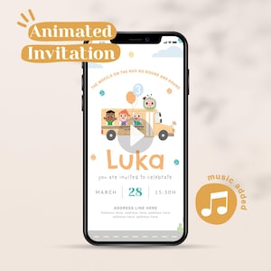 Faire-part d'anniversaire MOTION melon, roues dans le bus, invitation imprimable, fête d'enfants, invitation interactive
