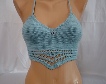 Blue Crochet Bralette Top Crochet Halter Top Bikini Beach Top