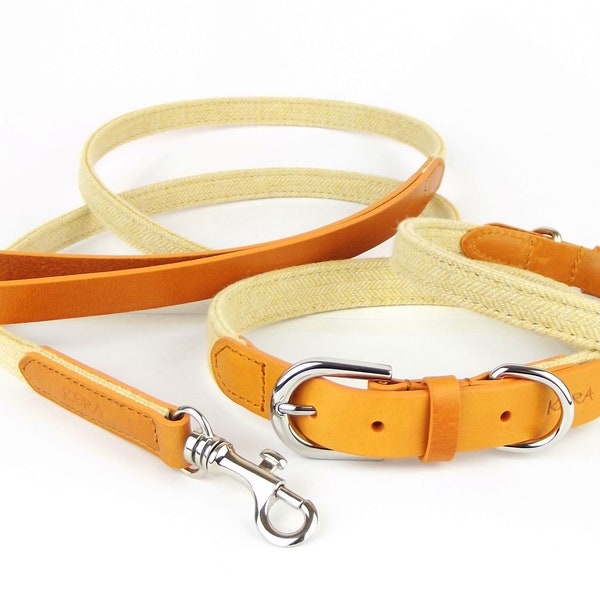 Leather and Tweed Dog Collar & Lead Matching Set - Amber - XS / S / M