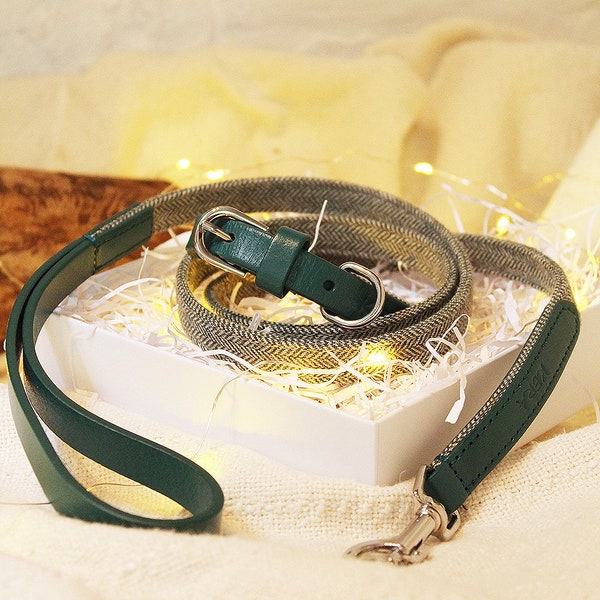 Green Leather and Tweed Dog Collar - Available in XS / S / M