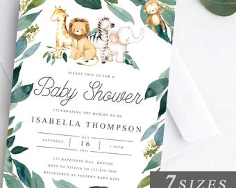 Puede incluir: Invitación a baby shower con ilustraciones de acuarela de jirafa, león, cebra y elefante. La invitación incluye el texto "Baby Shower" y detalles para la fiesta de Isabella Thompson, rodeada de follaje verde. Plantilla personalizable.