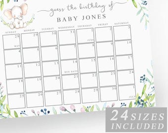Druckbarer Elefant-Baby-Fälligkeitsdatumskalender Guess, Baby-Geburtstagskalendervorlage, Geschlechtsneutrale Elefant-Babypartyspiele, bearbeitbares Poster