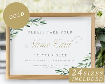 Greenery Wedding Place Cards Sign With Gold Calligraphy, DIY Find Your Seat Template, Printable Wedding Escort Cards Signs INSTANT DOWNLOAD