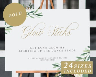 Greenery Wedding Glow Stick Send Off Sign Template with Gold Calligraphy, Wedding Reception Printable Glow Sticks Signage INSTANT DOWNLOAD