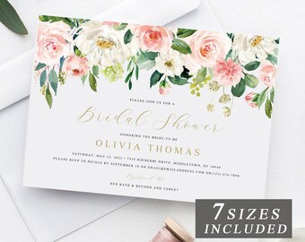 May include: A customizable bridal shower invitation template with a watercolor floral design in shades of pink and green. The text reads "Please join us for a Bridal Shower honoring the bride-to-be Olivia Thomas. Saturday, May 12, 2022 - 7919 Dayberry Drive, Middletown, NY 10940. Please RSVP to Nicole by September 18 on email@emailaddress.com or (123)-456-7890. Registered at Bed Bath & Beyond and Target. 7 Sizes Included. Customizable Template. Edit the text & photos to be unique to you."