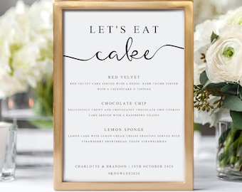 May include: A gold-framed sign with the text "Let's Eat Cake" and a list of cake flavors: Red Velvet, Chocolate Chip, and Lemon Sponge. The sign also includes the date "19th October 2020" and the hashtag "#Knowles2020".