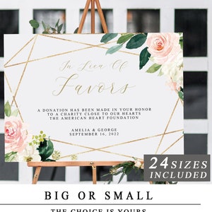 In Lieu If Favors Wedding Sign em rosa geométrico, sinalização de favores editáveis, sinal de doação de casamento, obrigado, cartão de caridade, download instantâneo