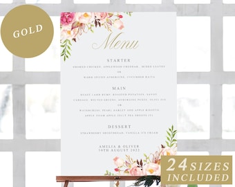Pink Floral Printable Wedding Menu Cards with Gold Calligraphy, Editable Wedding Menu Sign Templates, Peonies Rose Flowers INSTANT DOWNLOAD