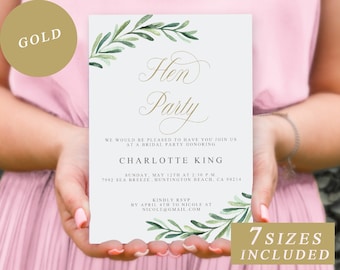 Greenery Hen Party Invite Cards, Hen Party Invitation With Gold Calligraphy, Botanical Wedding Hen Do Invites Template INSTANT DOWNLOAD