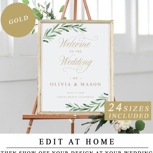 Greenery Bienvenido al signo de la boda, Bienvenido editable a la plantilla de la boda con caligrafía dorada, signo de la ceremonia de la boda DESCARGA INSTANTÁNEA