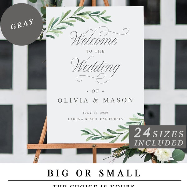 Greenery Bienvenido a la plantilla de signo de boda, signo de bienvenida de retrato, tarjetas de bienvenida de boda imprimibles, descarga instantánea de boda personalizada