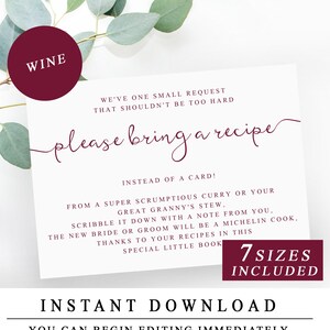 Veuillez apporter une recette en vin/bourgogne, carte de recettes, encart pour douche nuptiale, invitation modifiable pour une douche nuptiale, recette de mariage, TÉLÉCHARGEMENT IMMÉDIAT