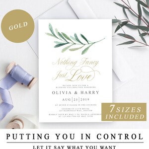 Elopement Wedding Invitation in Greenery - Gold, Nothing Fancy Just Love, Wedding Celebration, Casual Invite, Announcement, Instant DOWNLOAD