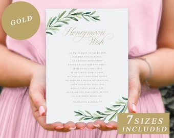 Greenery Honeymoon Wish Card, Wedding Wishing Well With Gold Calligraphy, Honeymoon Fund Enclosure, Wedding Invite Insert INSTANT DOWNLOAD