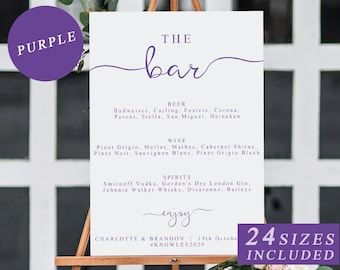 Purple Wedding Bar Menu Sign, DIY Editable Bar Menu Sign, Signature Drinks, Bar Menu,  Printable Wedding Sign, Pdf INSTANT DOWNLOAD