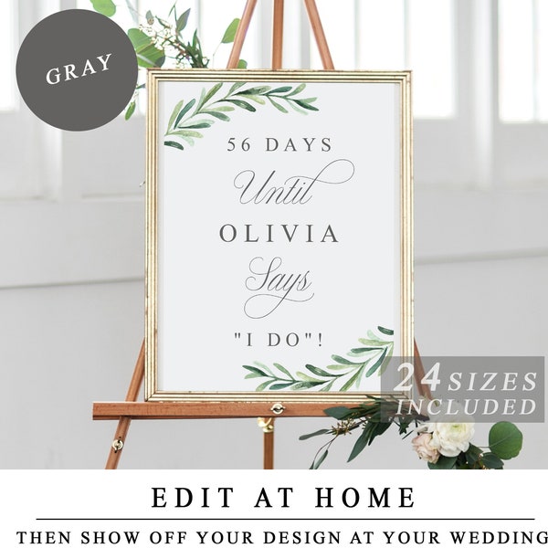 Greenery Days Until I Do Sign Template, Portrait Personalised Bridal Shower Welcome Sign, Printable Wedding Countdown Cards INSTANT DOWNLOAD