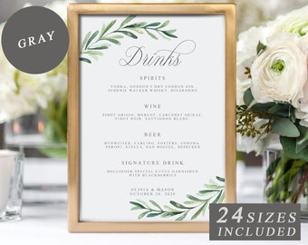 Greenery Wedding Bar Menu Sign, Printable Wedding Drink Menu Template, Bridal Shower Bar Signs, Drinks Menu Wedding Sign INSTANT DOWNLOAD