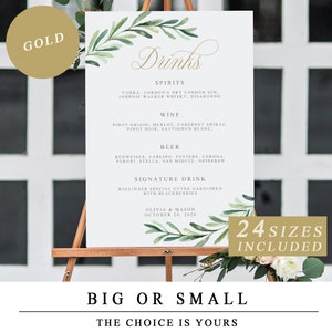 Greenery Drinks Menu Template with Gold Calligraphy, Printable Wedding Bar Menu Sign, Wedding Reception Bar Signs PDF INSTANT DOWNLOAD