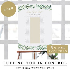 Bankett Sitzplan in Gold, Sitzplan eines Tisches, Sitzplan für einen langen Tisch, Sitzordnung für eine Hochzeit im Grünen, DIY Printable, Instant Download