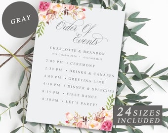 May include: A light blue wedding order of events card with a floral design. The card lists the wedding ceremony, drinks and canapes, greeting line, dinner and speeches, first dance, and let's party! The text "24 Sizes Included" is at the bottom of the card.