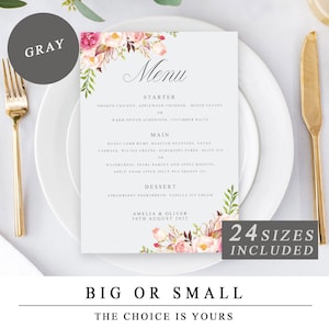 Plantilla de menú de boda imprimible, plantilla de tarjeta de menú editable, letrero de menú de cena de boda floral rosa rubor, flores de rosa de peonías boho DESCARGAR
