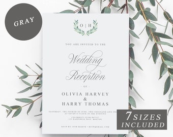 Custom Monogram Wedding Reception Invite, Greenery Wedding Reception Template, Editable Wedding Reception Card, Printable Reception Invite