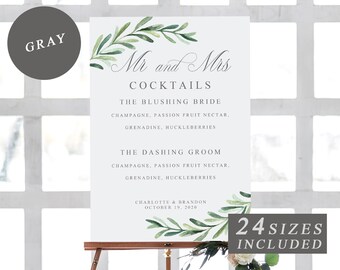 Printable Signature Mr and Mrs Drink Sign, Signature Cocktail Sign, Wedding Drinks Menu, Greenery Wedding Bar Menu Template INSTANT DOWNLOAD