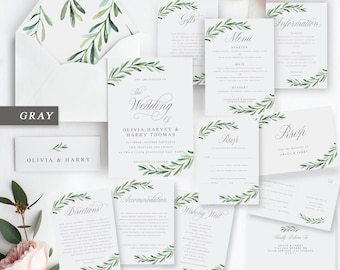 ULTIMATE 11 Piece DIY Wedding Invitation Bundle with Gray Calligraphy, Greenery Wedding Template Set, Printable Suite, Instant Download