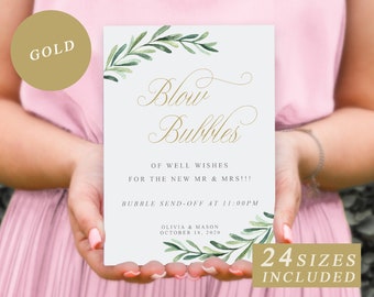 Greenery Blow Bubbles Send Off Sign with Gold Calligraphy, Blow Bubbles Of Well Wishes template, Editable Bubble Send Off, INSTANT DOWNLOAD