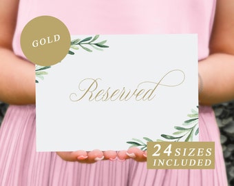 Greenery Reserved Seating and Table Sign With Gold Calligraphy, Print at home template, Wedding Ceremony Reserved Seat Sign INSTANT DOWNLOAD